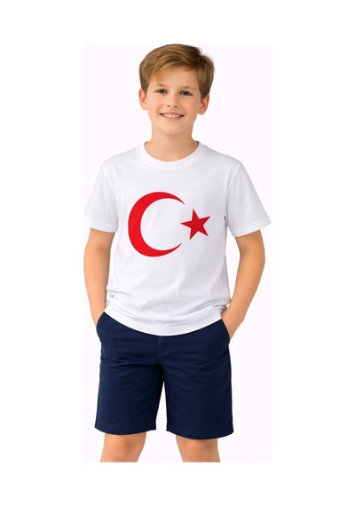 Türk Bayraklı Kız Erkek Çocuk Penye Tshirt Bgl-st05507 Beyaz