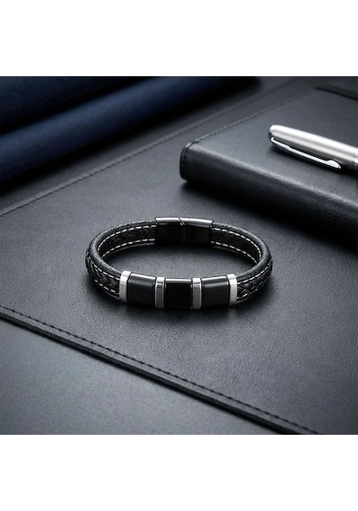 Moncuk Design Siyah-beyaz 316l Çelik Ve Saç Örgü Erkek Deri Bileklik 33514b26d3 Açık Gri