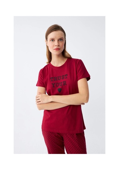 İkikareshop Kadın Bordo Kalp Desenli Kısa Kollu Penye Pijama Takımı Çok Renkli