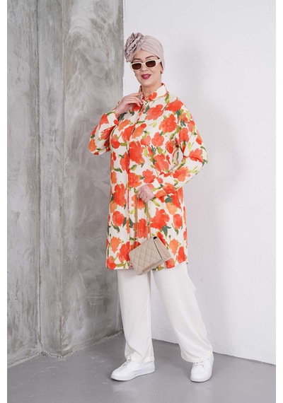 Polologin Butik Turuncu Çiçek Desenli Tunik Ve Krem Pantolon Takım Turuncu & Krem
