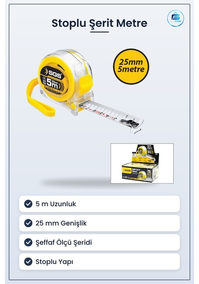 Şerit Metre 5 M X 25 Mm Şeffaf Kasalı Stoplu Ölçüm Aleti Manuel S