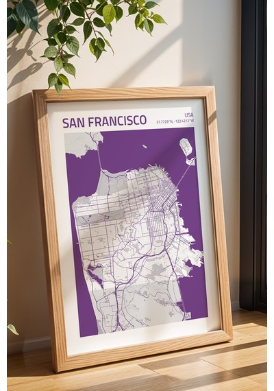 San Francisco Abd Haritası Çerçeveli Tablo Lüks Salon Ofis Duvar Dekorasyonu Hediyelik Tablo Kayın