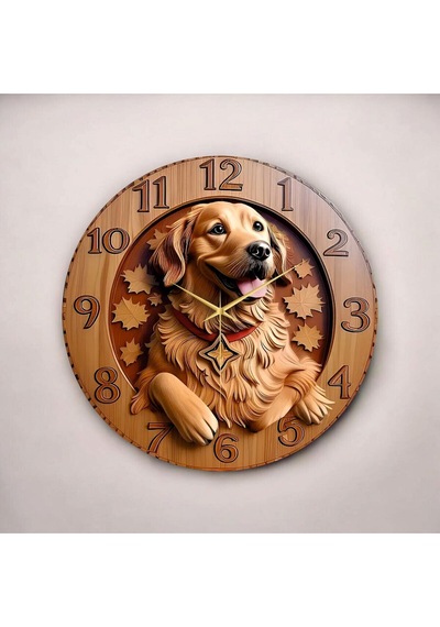 AA Shop Ahşap Renkli Baskı Golden Köpek Desenli Kabartma Görünümlü Hediyelik Ahşap Sessiz Duvar Saati 50cm ÇOk Renkli