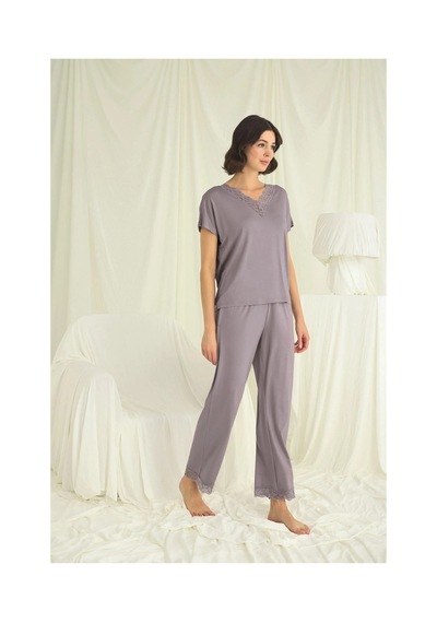 L'ombre Kısa Kollu V Yakalı Dantelli Pijama Takımı Gri