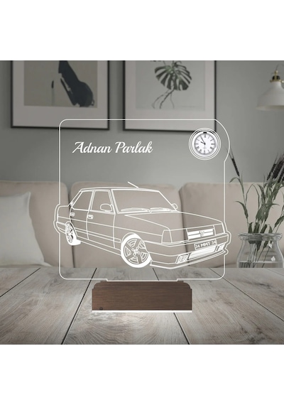 Luvivia Klasik Araba Fiat Tofaş Tofaşk Doğan Şahin Kişiye Özel Metal Saatli 3d Lamba - Masa Gece Lambası Şeffaf