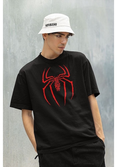 Havalı Spider-man Logo Baskılı Unisex Oversize Tişört Siyah
