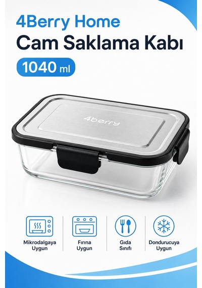 1040 Ml Kilitli Cam Saklama Kabı İnoks Kapaklı Yemek Ve Kahvaltılık Kabı Şeffaf