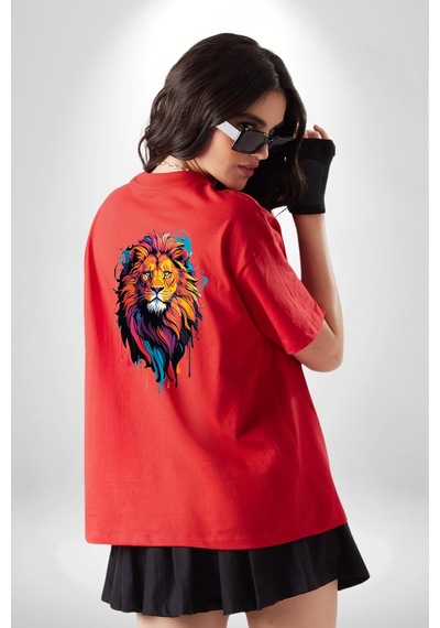 Renkli Yağlı Boya Aslan Kırmızı Oversize Unisex Ön Ve Sırt Baskılı Tişört Kırmızı
