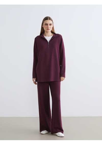 Lcw Everyday Bordo Dik Yaka Çizgili Oversize Kadın Tişört