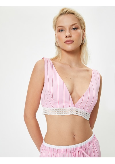Koton Derin V Yaka Büstiyer Çizgili Dantel Detaylı Slim Fit Pınk Strıpe 4sak30121pw Pembe Çizgili