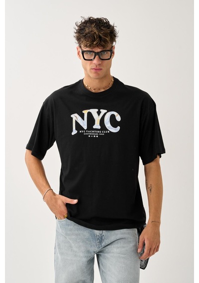 Geniş Kalıp Bisiklet Yaka Baskılı Unisex T-shirt Siyah