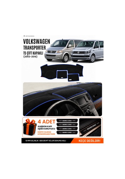 Volkswagen Transporter T5 Çift Kapaklı 2003-2016 Uyumlu Torpido Örtüsü - Siyah Mavi