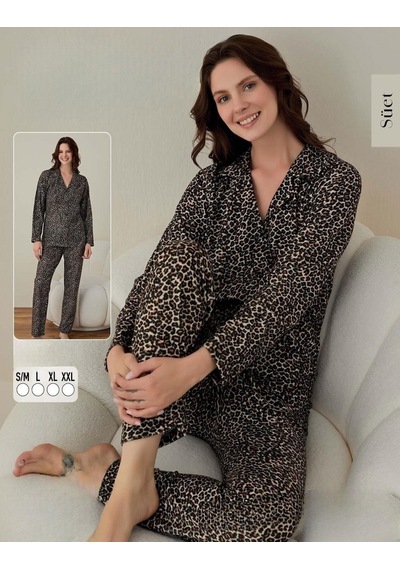 Boyraz Kadın Süet Leopar Desenli Boydan Düğmeli Pijama Takımı 02006 - 1 Adet 001
