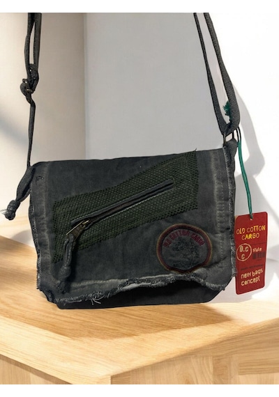 Old Cotton Cargo Vintage Küçük Salaş Unisex Günlük Çapraz Postacı Çantası S Boy 26x20cm Siyah Yeşil