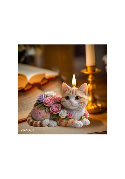 Gül Süslemeli Yatan Kedi Mum Biblo Silikon Kalıp