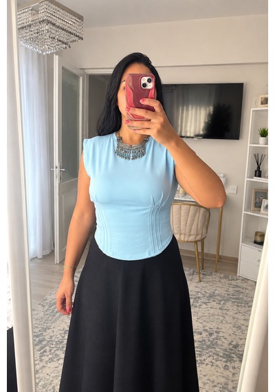 Moda Banuş Mavi Modal Kumaş Kısa Kol Önü Uzun Body Mavi Mavi