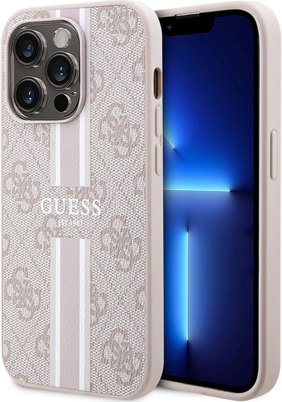 Apple Uyumlu iPhone 14 Pro Max Kılıf Guess Lisanslı Magsafe Şarj Özellikli 4g Şerit Tasarımlı Printed Kapak Pembe