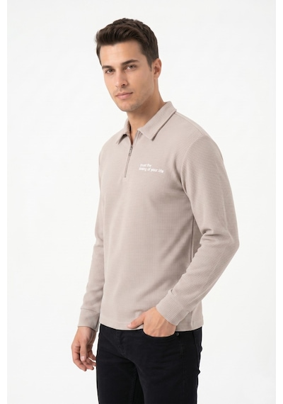 Opınıon Erkek Spor Polo Yaka Petek Dokulu Sweatshırt Bgl-st05442 Taş