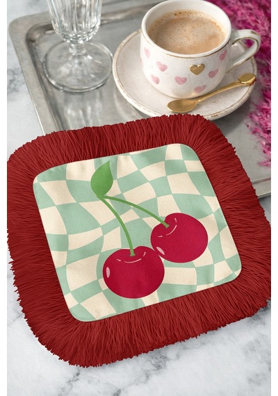 Retro Kiraz Motifli Püsküllü Sunum Peçetesi-dalgalı Mint Zeminde Bohem Kırmızı Bardak Altlığı Mendil Çok Renkli