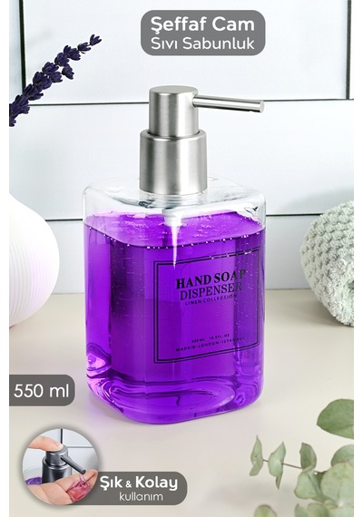 1 Adet Şeffaf Cam Sıvı Sabunluk - Banyo Mutfak El Sabunu Sıvı Sabun Şişesi 550 Ml Beyaz