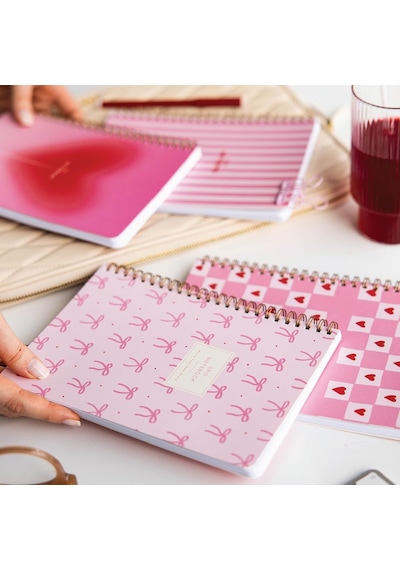 A5 Spiralli Karton Kapak 4'lü Set Kareli Okul Defteri 80 Yaprak - Ders Programlı Pembe Kurdele Çok Renkli