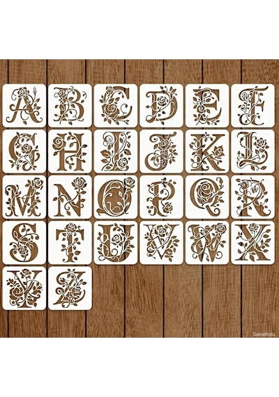 Kaligrafi Harf Şablonları 26 Parça 10x10cm-çiçek Harf Şablonu, Boyama Sticker