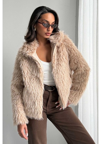 Verymoda Yapay Kürk Kadın Ceket Fermuarlı, Yumuşak Dokulu Modern Kışlık Mont F2037 Taş