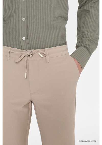AC&Co / Altınyıldız Classics Erkek Bej Slim Fit Dar Kesim Beli Bağlamalı Yan Cep Gofre Desenli Pantolon Bej