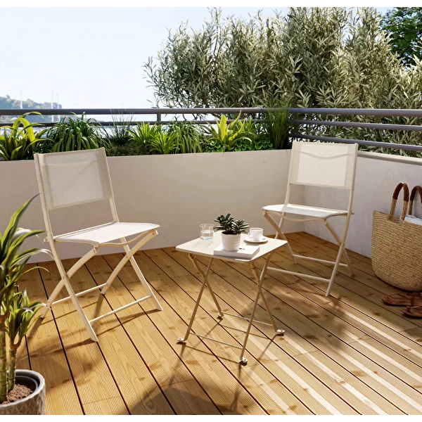 Katlanabilir Bahçe Ve Balkon Sandalyesi Krem Renk Çelik Gövdeli Metal Katlanır Dış Mekan Sandalyesi 84,5x50x46,5 Cm