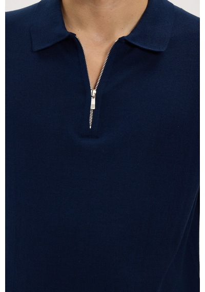 Tudors Erkek Slim Fit Dar Kesim Pamuklu Örme Triko Fermuarlı Lacivert Polo Yaka Tişört-46228