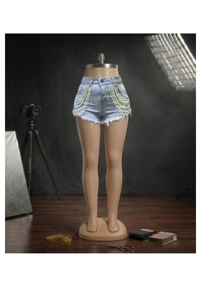 Orvelia İnci Ve Kristal Zincir Detaylı Distressed Denim Şort Etherea mavi