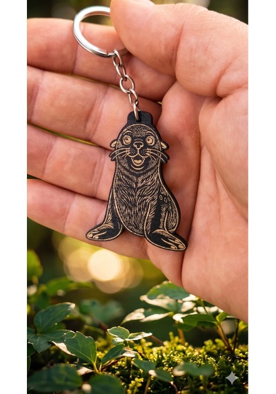 Ahşap Fok Balığı Anahtarlık - Sevimli Kaliforniya Deniz Aslanı Çanta Süsü 5x4 Cm Siyah
