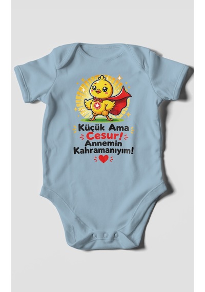 Morivokids Küçük Ama Cesur Annemin Kahramanıyım Kısa Kollu Bebek Body %100 Pamuk Bebe Mavisi