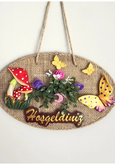 Ahşap Jüt Hasır Mantarlı Hoş Geldiniz Panosu Kelebekli Kapı Ve Duvar Süsü