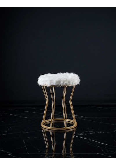 Peluş Kumaş Metal Puf Beyaz - Altın