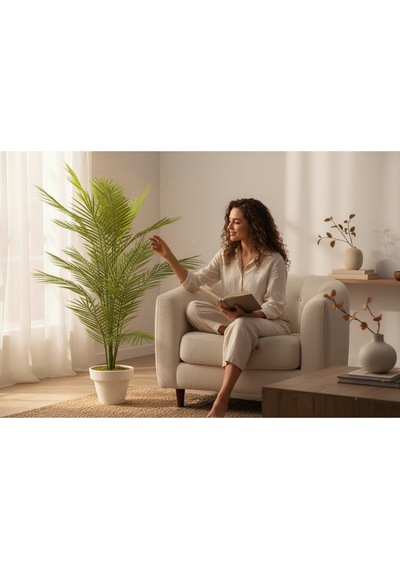 Yapay Areka Ağacı Palmiye Ağacı Salon Bitkisi Yapay Areka 130 Cm 20 Yaprak Beyaz Plastik Saksı Yeşil