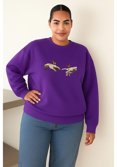 Benroma El Parmak Baskılı Büyük Beden Unisex Sweatshırt Mor