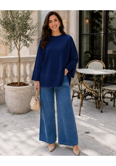 Unika Boutique Kadın Oversize Yırtmaçlı Uzun Kollu Salaş Bluz Lacivert