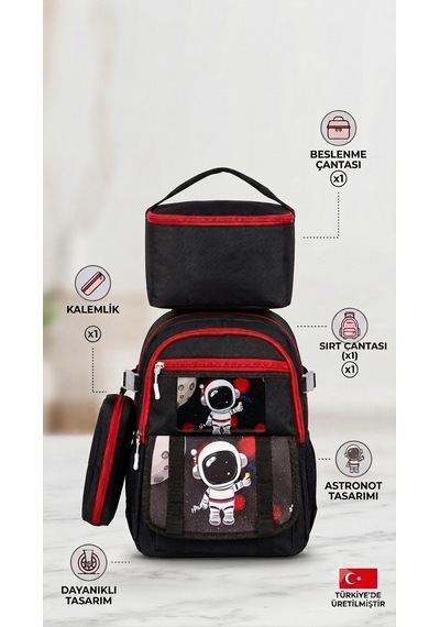 İlkokul 3 Lü Set Karekter Desenli Laptop Bölmeli Kalemlik,beslenme Çantalı Erkek Çocuk Okul Sırt Çantası 41 27 17 Cm siyah