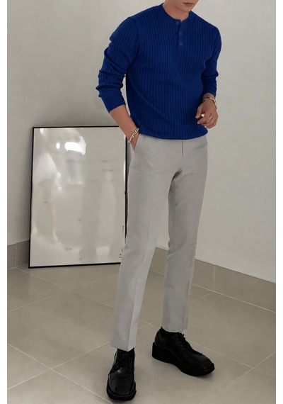 Genius Store Erkek Fitilli Henley Yaka Triko Kazak Regular Fit Düğmeli Kazak Henley-yaka Lacivert