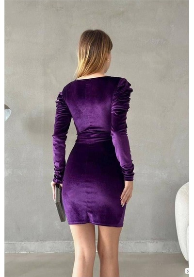 DefyModa Kadın Şık Tasarım Kadife Kumaş Kruvaze Yaka Büzgülü Abiye Elbise Mor