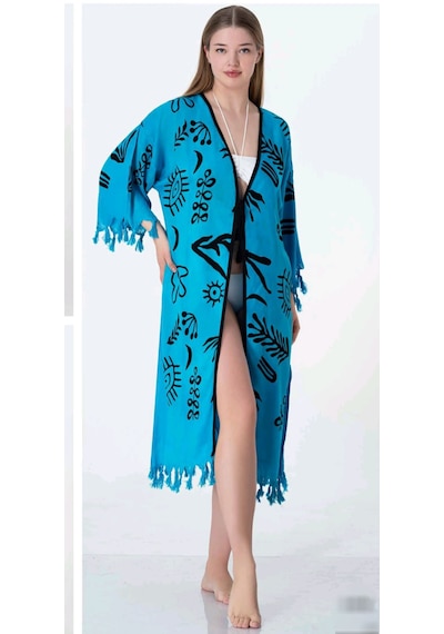 Sunsurf Tokat Taş Baskı Kaftan Pareo Koyu Mavi