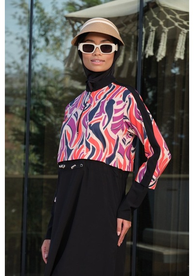 İksun Kadın Tesettür Mayo Tam Kapalı Hızlı Kuruma Etekli Uzun Kollu Bat Siyah