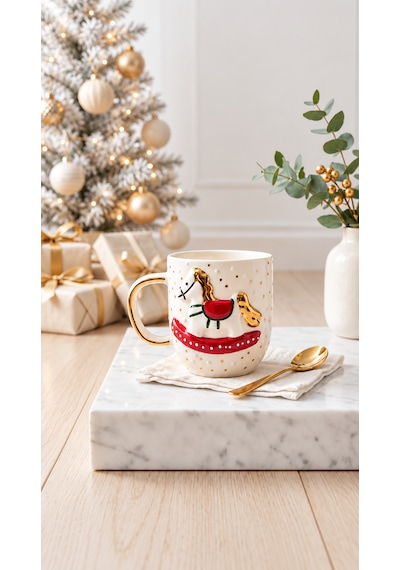 Atlı Karınca Seramik Mug 300 Ml El Yapımı 24k Altın Detaylı Yılbaşı Kupası Altın - Kırmızı