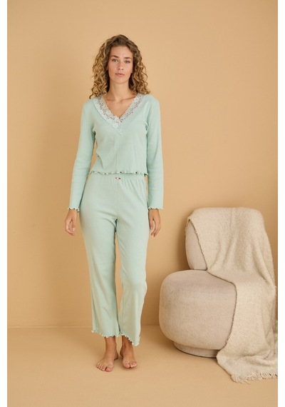 Siyah İnci Pamuklu Dantelli Fitilli Örme Pijama Takım25226005 Mint