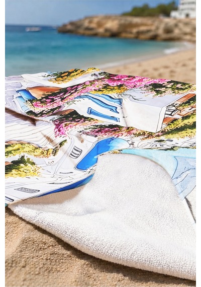 Santorini Manzaralı Akdeniz Plaj Havlusu-bohem Mavi Beyaz Havuz Deniz Hızlı Kuruyan Mikrofiber Havlu Sedef Tozu