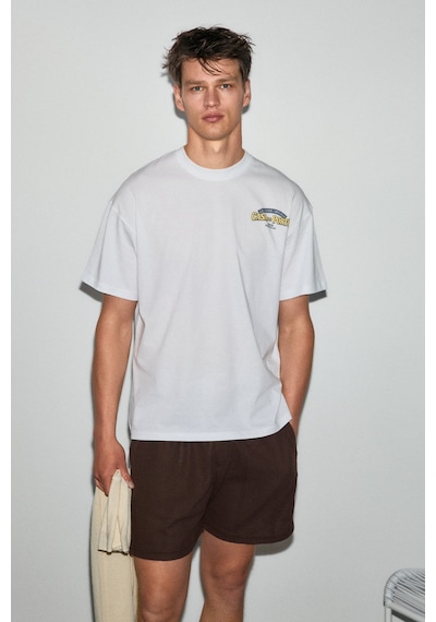 Grımelange Amıdıo Erkek %100 Organik Pamuklu Baskı Detaylı Regular Fit Yuvarlak Yaka Beyaz T-shirt