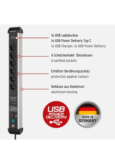 Brennenstuhl Premium-protect-line 6'lı Grup Priz, Usb Power Delivery Tip C Ve Aşırı Gerilim Korumalı Şalterli Çoklu Priz, Usb Power Delivery Tip C Ve Usb 3.0 A, Almanya'da Üretilmiştir