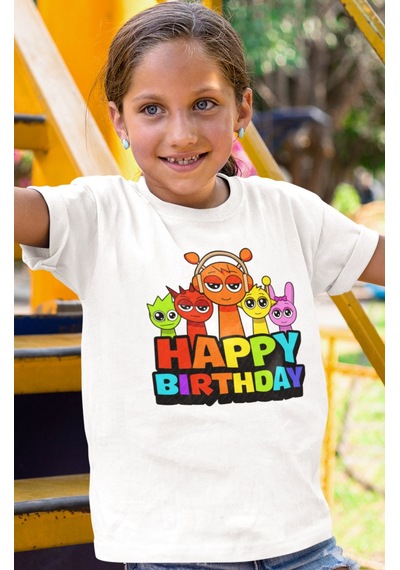 Sevbano Sprunki Doğum Günü Baskılı Unisex Çizgi Film Çocuk Tişört 1-12 Y Beyaz