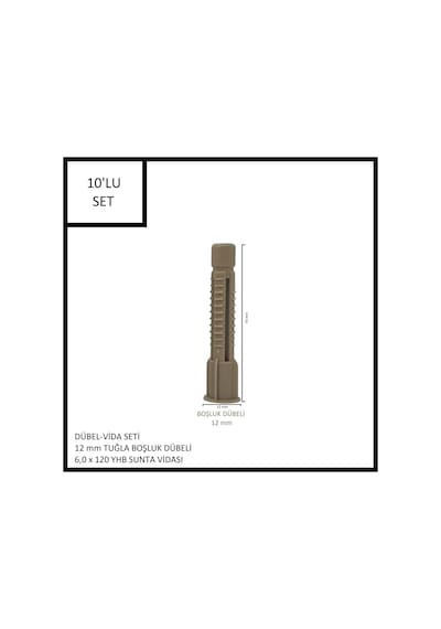 Dübel-vida Seti, Tuğla Boşluk Dübeli 12 Mm, 6,0x120 Yhb Sunta Vidası, 10 Adet